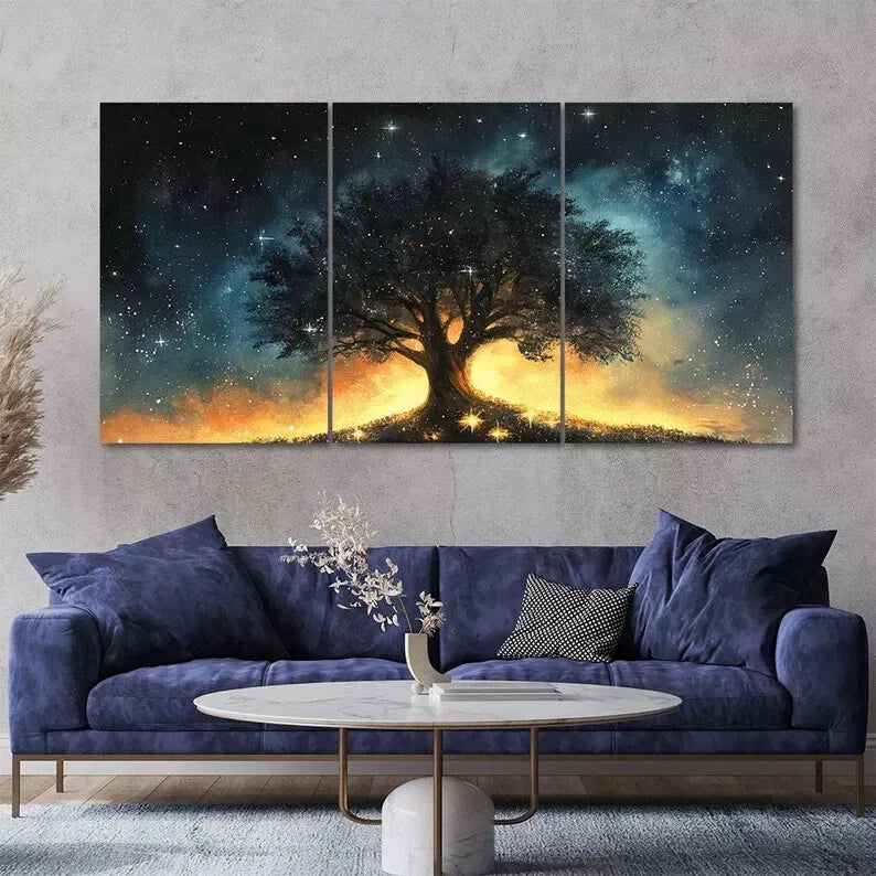Starry Night Tree 3 Piece Painting Style Art Canvas Framed 40x60cm - High Quality Print 100% Australian Made Wall Canvas Ready to Hang