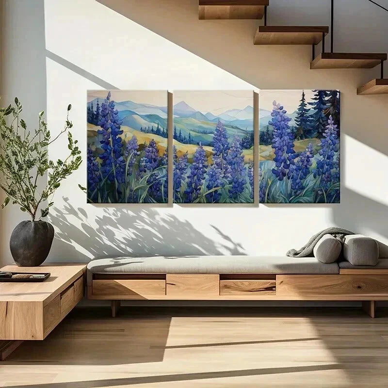 3pcs Mountain Landscape Blue Lupine Flowers Wall Art Set Canvas Framed 40x60cm - High Quality Print 100% Australian Made Wall Canvas Ready to Hang
