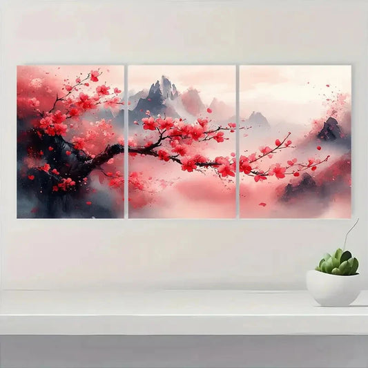 3pcs Pink Sakura Tree with Mountains and Clouds Metal Print Ready to Hang Art