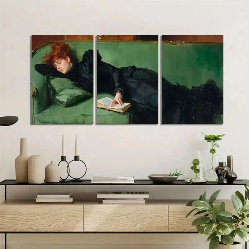 3pcs Woman in Black Reading on Green Sofa Metal Print Ready to Hang Art