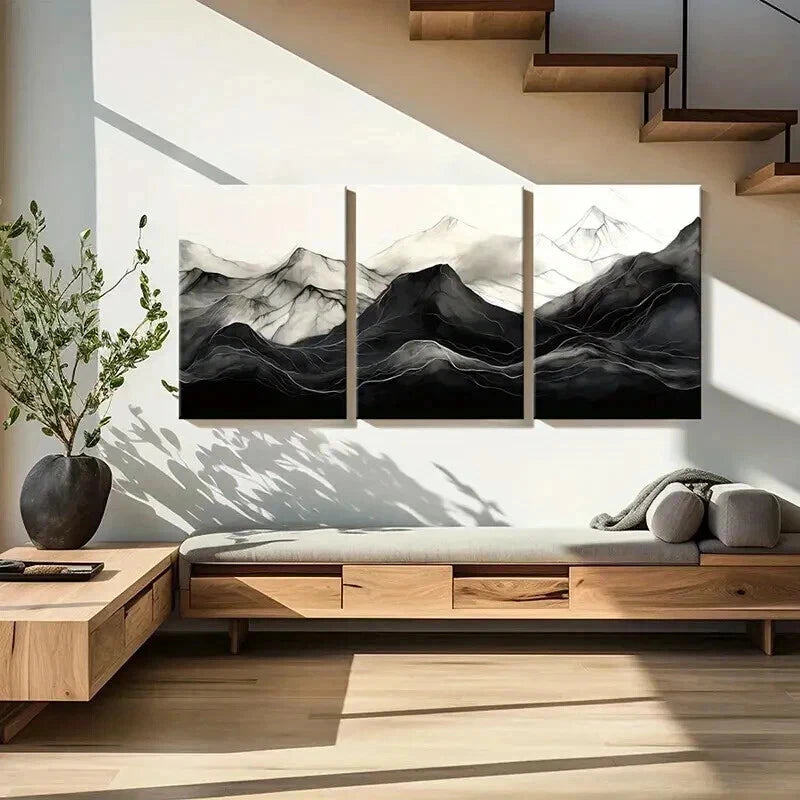 3pcs Zen Aesthetic Black & White Mountain Wall Art Set Canvas Framed 40x60cm - High Quality Print 100% Australian Made Wall Canvas Ready to Hang
