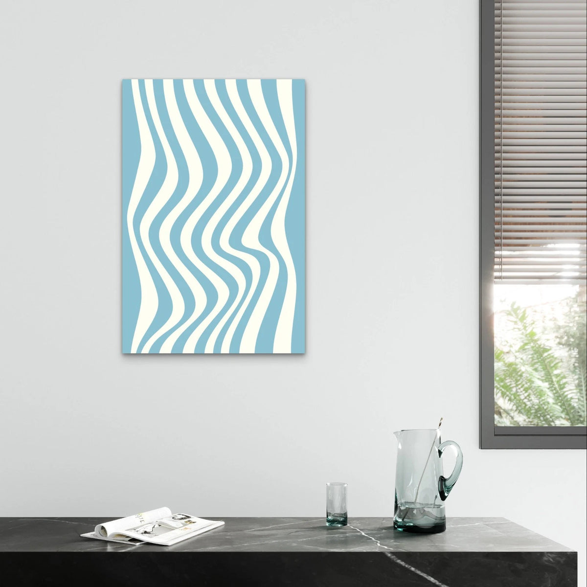 Retro Blue and White Wavy Vertical Stripes 40x60cm Metal Print Ready to Hang