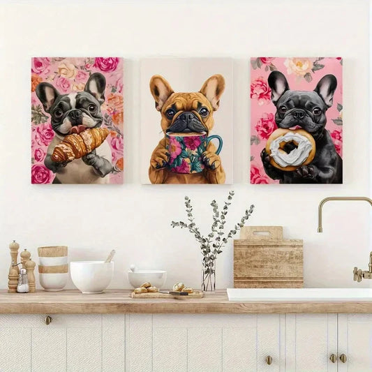 3pcs French Bulldog Fun Dog Painting Metal Print Ready to Hang Art
