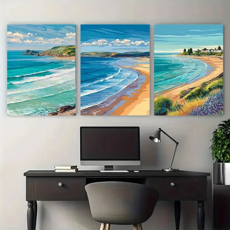 3pcs Woolacombe Travel Beach Illustration Wall Art Set Canvas Framed 50x70cm - High Quality Print 100% Australian Made Wall Canvas Ready to Hang
