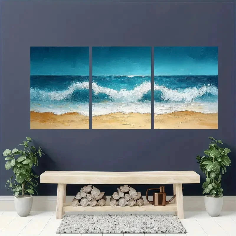 3pcs Abstract Minimalist Beach Oil Painting Metal Print Ready to Hang Art