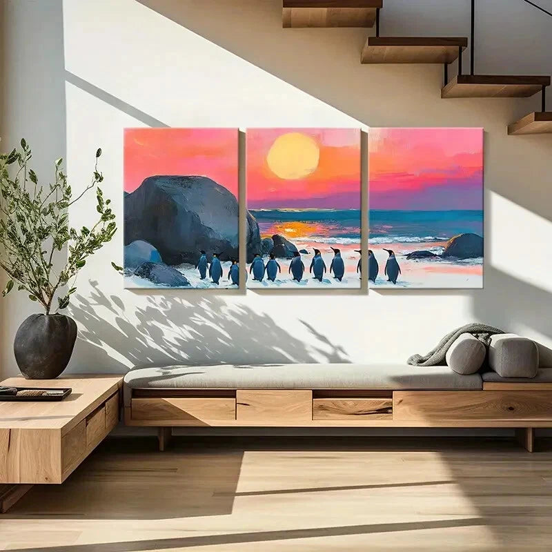 3pcs Artistic Penguins Sunset Beach Landscape Metal Print Ready to Hang Art