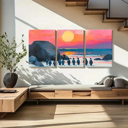 3pcs Artistic Penguins Sunset Beach Landscape Metal Print Ready to Hang Art