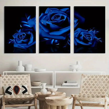 3pcs Royal Blue Rose Flowers Blossom Painting Metal Print Ready to Hang Art