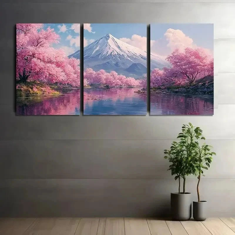 3pcs Japanese Landscape with Cherry Blossoms Metal Print Ready to Hang Art