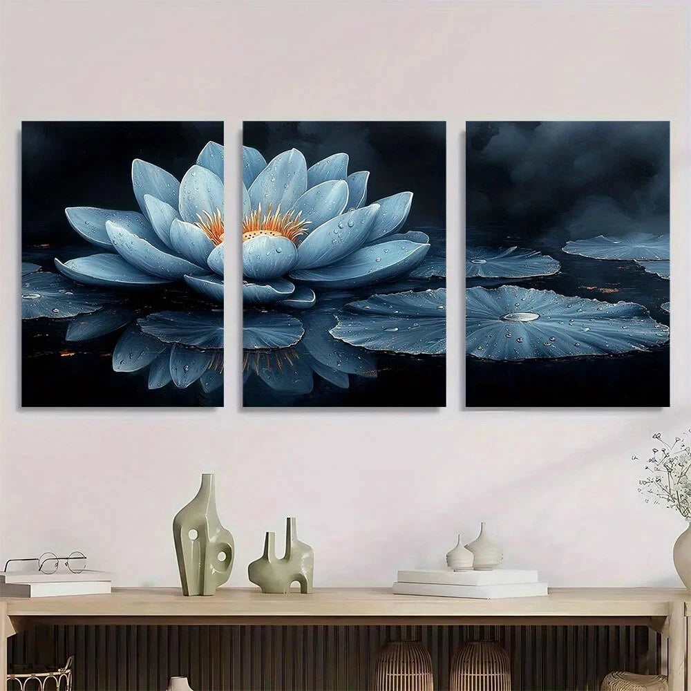 3pcs Zen for Lotus Flower Serene Blue & White Metal Print Ready to Hang Art