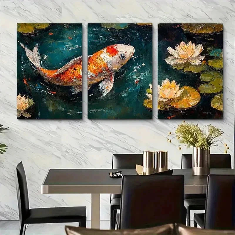3pcs One Koi Fish T Wall Art Set Canvas Framed 40x60cm - High Quality Print 100% Australian Made Wall Canvas Ready to Hang
