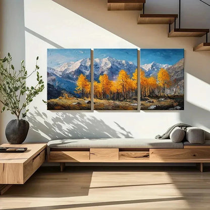 3pcs Autumn Forest Landscape Snowy Mountains Metal Print Ready to Hang Art