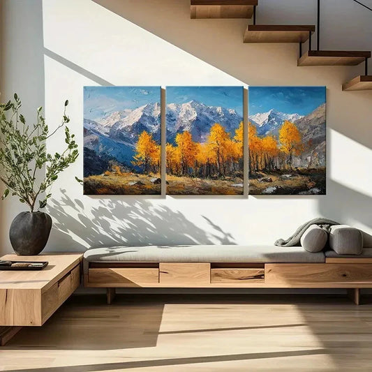 3pcs Autumn Forest Landscape Snowy Mountains Metal Print Ready to Hang Art