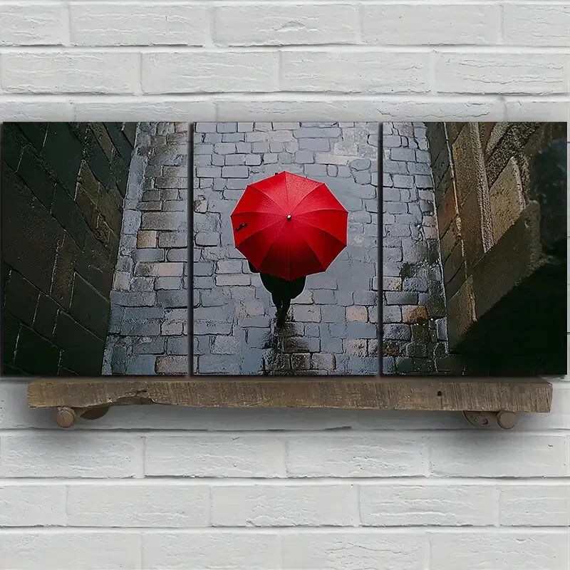 3pcs People Holding Red Umbrellas On Streets Metal Print Ready to Hang Art