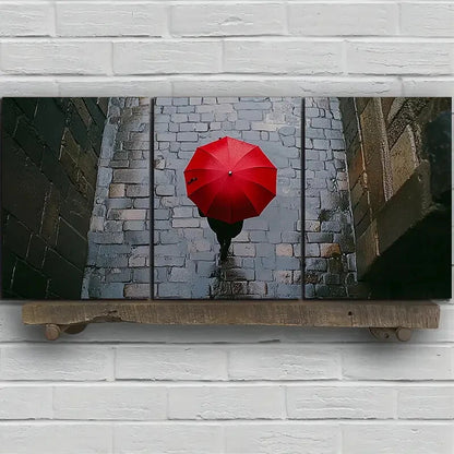 3pcs People Holding Red Umbrellas On Streets Metal Print Ready to Hang Art