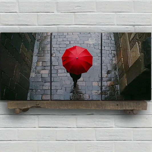 3pcs People Holding Red Umbrellas On Streets Metal Print Ready to Hang Art