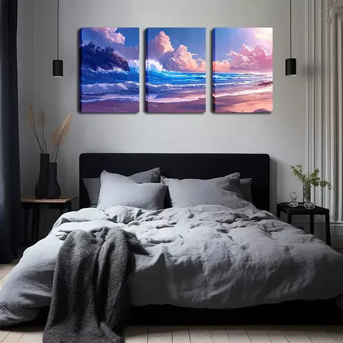 3pcs Featuring Waves And Rocks Wall Art Set Canvas Framed 60x90cm - High Quality Print 100% Australian Made Wall Canvas Ready to Hang
