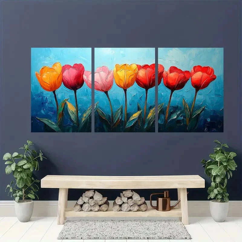 3pcs Vibrant Tulip Impasto Oil Painting Metal Print Ready to Hang Art