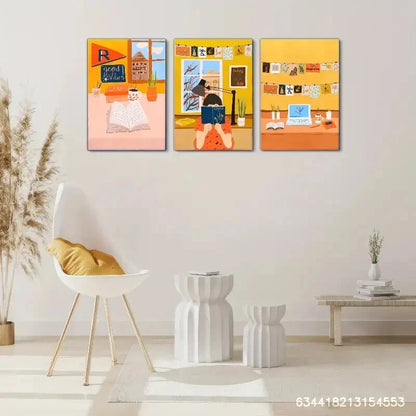 3pcs Books and Coffee People Reading Poster Metal Print Ready to Hang Art
