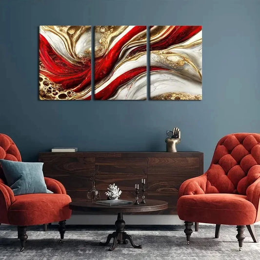3pcs Red and Gold Plated, Modern Metal Print Ready to Hang Art