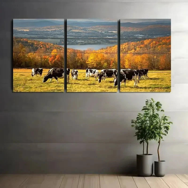 3pcs Herd of Cows Gazing Art Painting Metal Print Ready to Hang Art