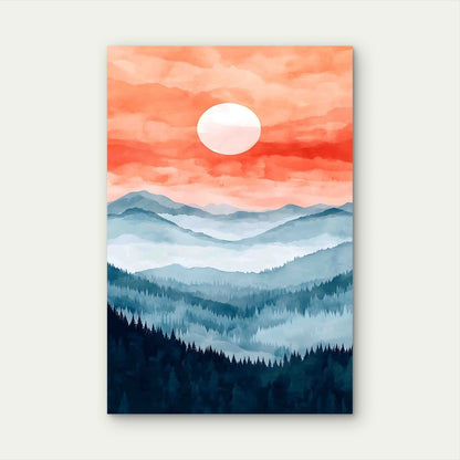 Watercolor Sunset Misty Mountains 60x90cm Metal Print Ready to Hang