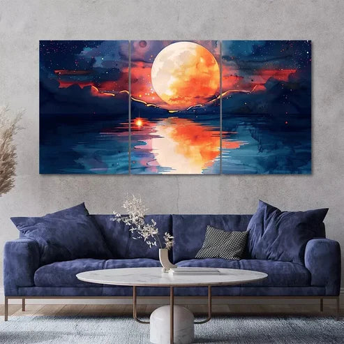 3 PCS Red Full Moon Rising Wall Art Canvas Unframed - High Quality Print 100% Australian Made Wall Canvas