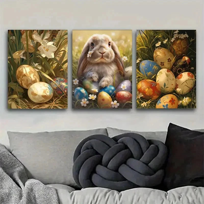 3pcs Easter Bunny and Egg Wall Art Set Metal Print Ready to Hang Art