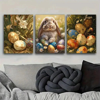 3pcs Easter Bunny and Egg Wall Art Set Metal Print Ready to Hang Art