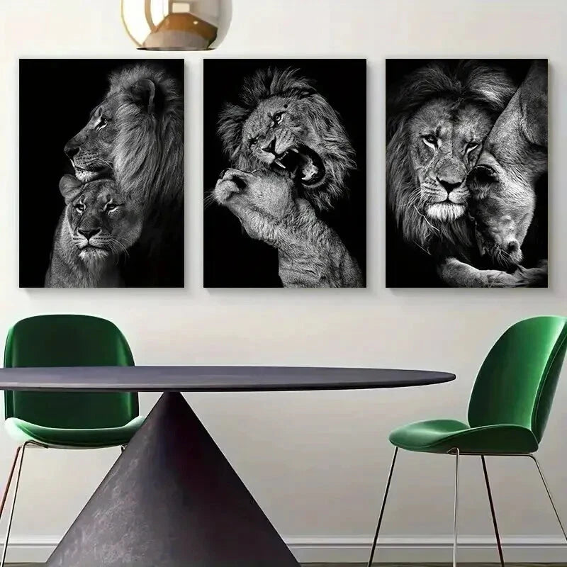 3pcs Black and White Lion African Animal Metal Print Ready to Hang Art
