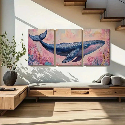 3pcs Whale Art Ocean Life Abstract Painting Metal Print Ready to Hang Art