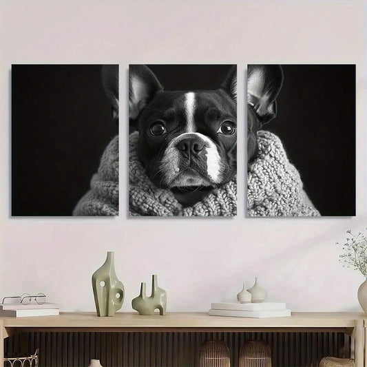 3pcs Whimsical Black & White Bulldog Metal Print Ready to Hang Art