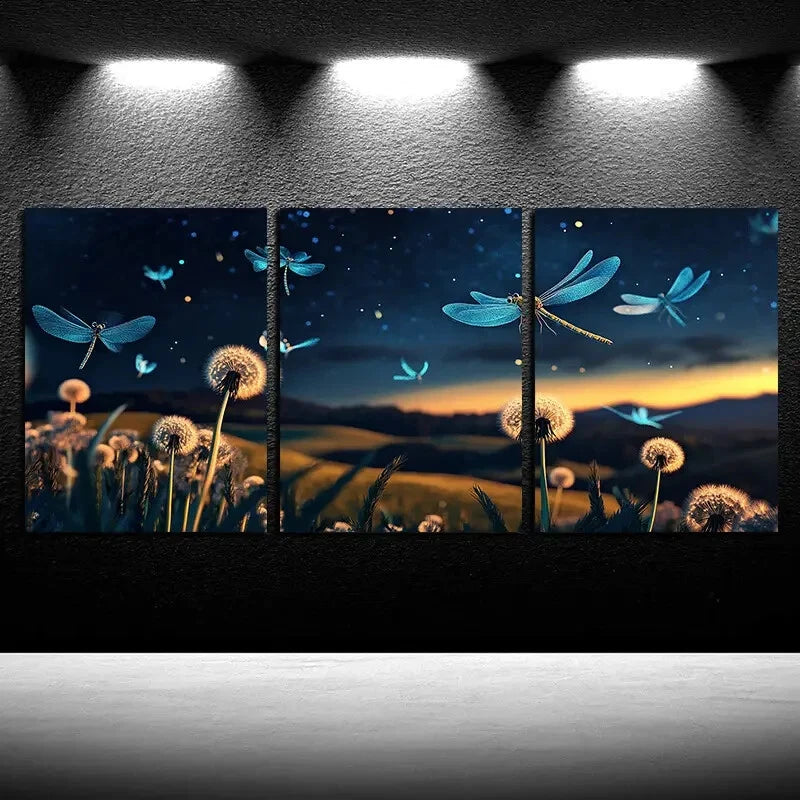 3pcs Dandelion Field with Dragonflies Illustration Metal Print Ready to Hang Art
