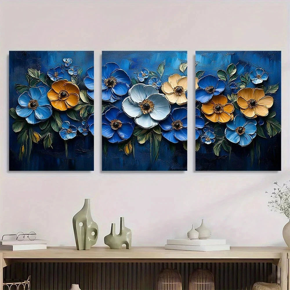 3pcs Blue Themed Florals Colourful Metal Print Ready to Hang Art