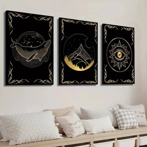 3pcs Black & Golden Whale Eye & Mountain Wall Art Set Canvas Unframed - High Quality Print 100% Australian Made Wall Canvas