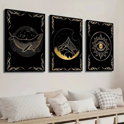 3pcs Black & Golden Whale Eye & Mountain Wall Art Set Canvas Unframed - High Quality Print 100% Australian Made Wall Canvas