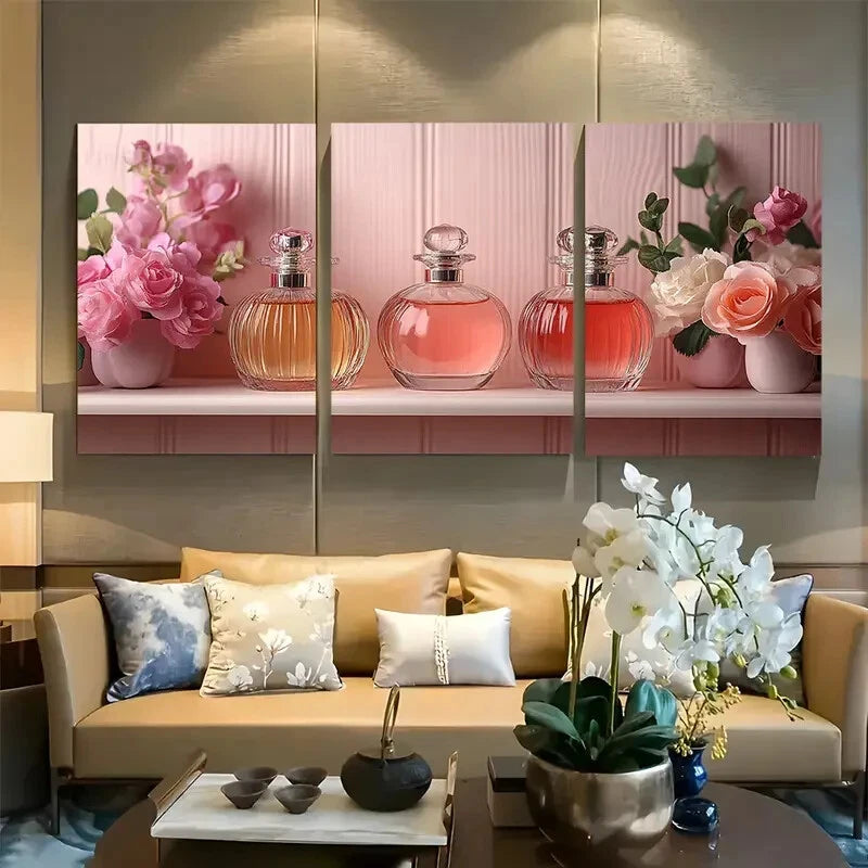 3pcs Light Pink Perfume Bottles Glam Vintage Metal Print Ready to Hang Art