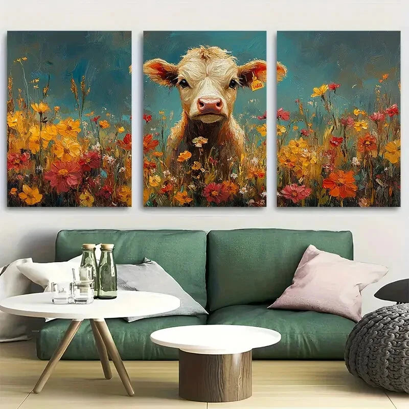 3pcs Colorful Countryside Whimsical Cow in Florals Metal Print Ready to Hang Art