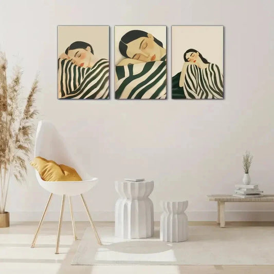 3pcs Elegant Abstract Emerald Green Woman Portrait Metal Print Ready to Hang