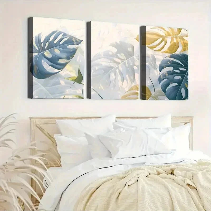 3pcs Abstract Geometric Golden & Blue Leaf Wall Art Set Canvas Framed 40x60cm - High Quality Print 100% Australian Made Wall Canvas Ready to Hang
