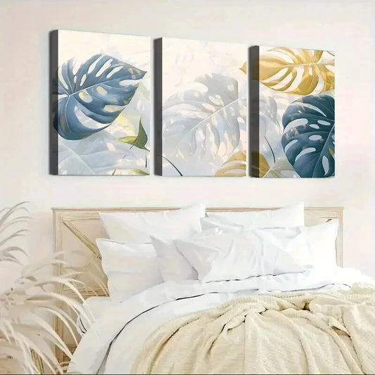 3pcs Abstract Geometric Golden & Blue Leaf Wall Art Set Canvas Framed 40x60cm - High Quality Print 100% Australian Made Wall Canvas Ready to Hang