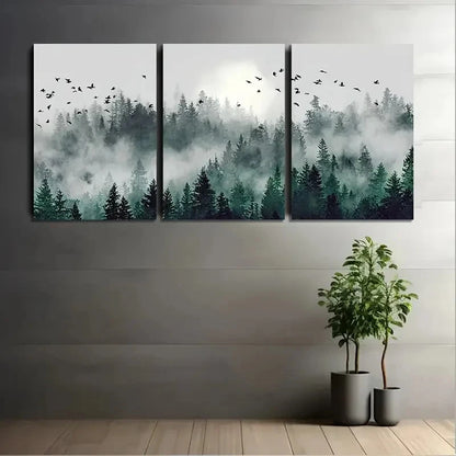 Three-panel wall art of a forest scene with trees and birds, displayed on a gray wall.