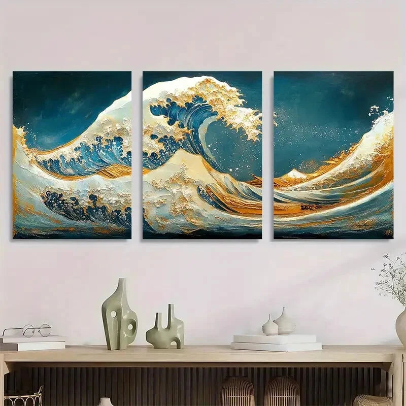 3pcs Great Wave Off Kanagawa Panoramic Metal Print Ready to Hang Art