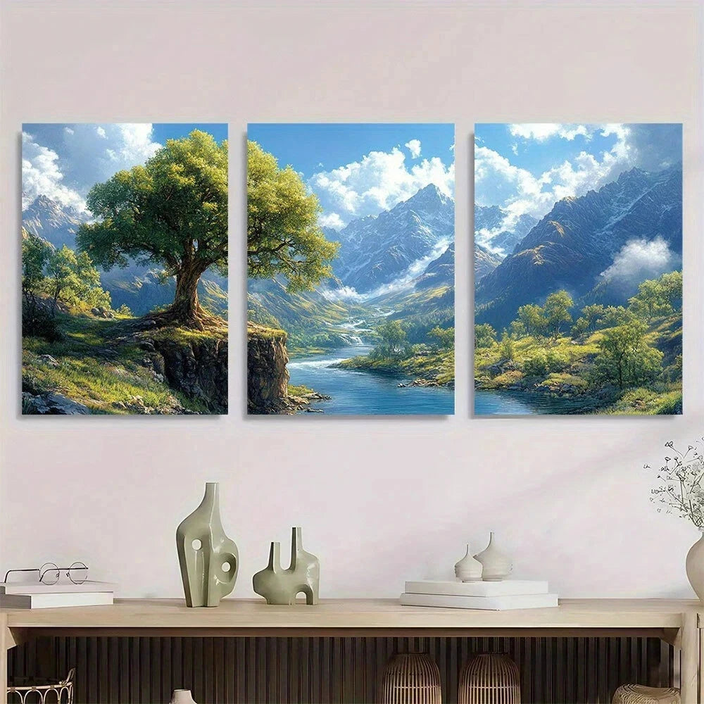3pcs Mountains River and Bright Sky Metal Print Ready to Hang Art
