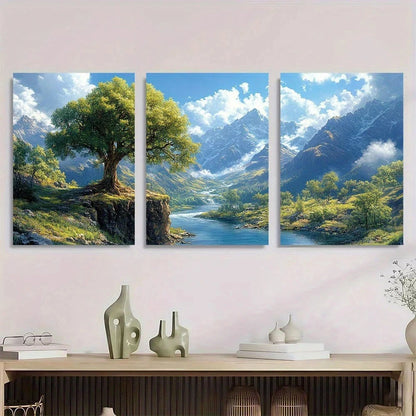 3pcs Mountains River and Bright Sky Metal Print Ready to Hang Art