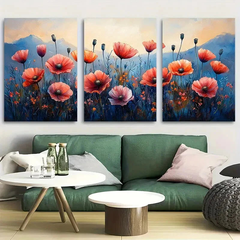 3pcs Poppy Field Painting Floral Watercolor Metal Print Ready to Hang Art