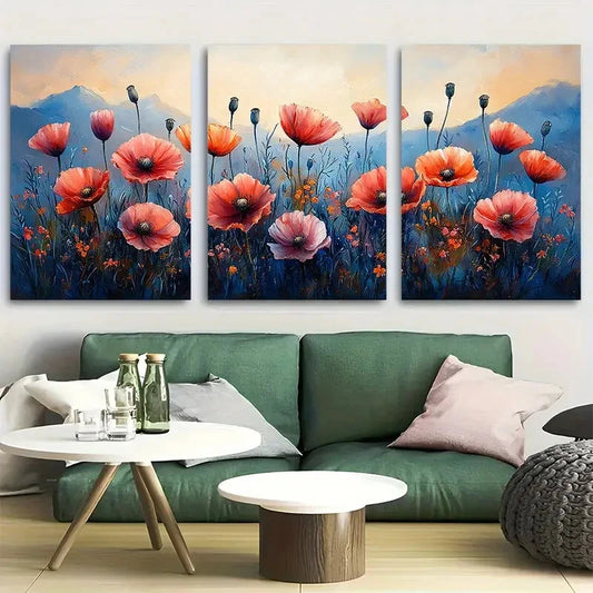 3pcs Poppy Field Painting Floral Watercolor Metal Print Ready to Hang Art