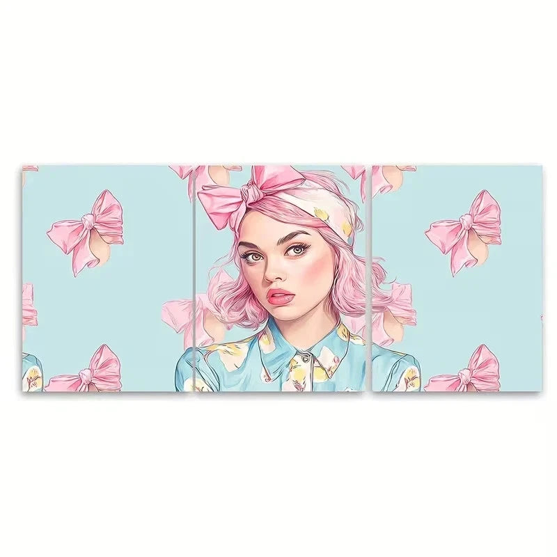 3pcs Girl with Pink Hair Bow Wall Art Set Canvas Framed 40x60cm – High Quality Print 100% Australian Made Wall Canvas Ready to Hang