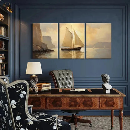 3pcs Sailing Ship Ocean View Coastal Landscape Metal Print Ready to Hang Art