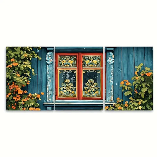 3pcs Painted Estonian Wooden Window Illustration Metal Print Ready to Hang Art